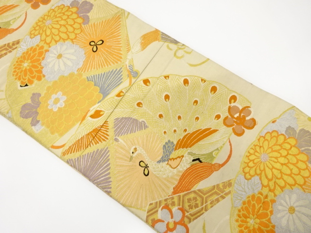 アンティーク　桧扇に孔雀・菊模様織り出し丸帯（材料）